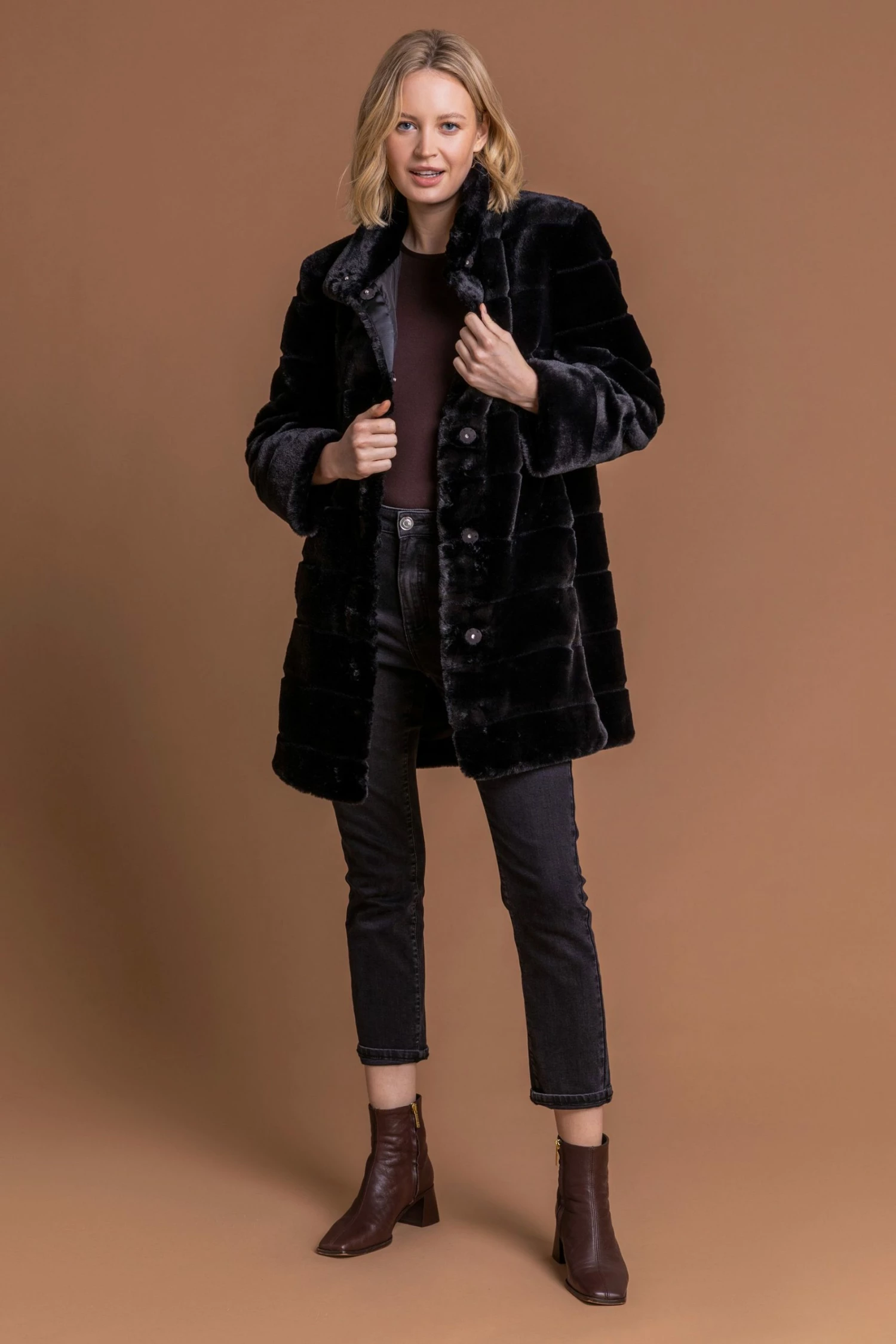Roman Black Faux Fur Embossed High Neck Coat 4 Roman Black Faux Fur Embossed High Neck Coat - Image 3