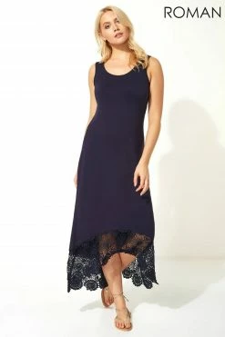 Roman Blue Crochet Hem Midi Dress