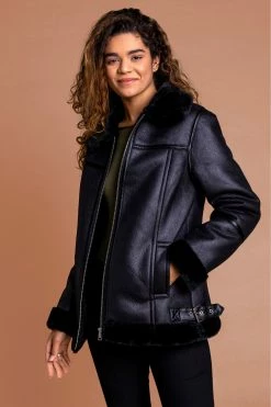 Roman Black Black Faux Fur Lined Aviator Jacket