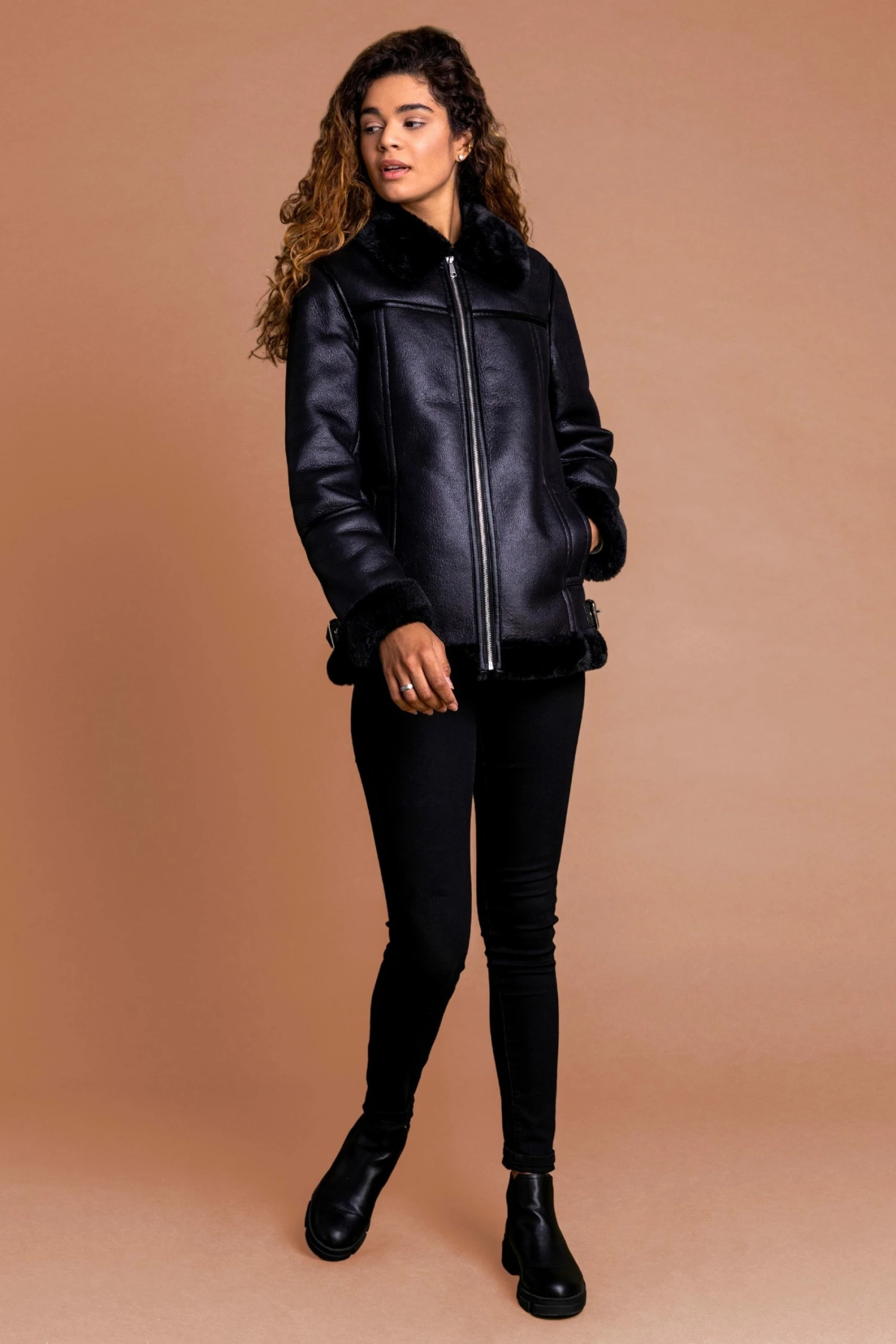 Roman Black Black Faux Fur Lined Aviator Jacket 5 Roman Black Black Faux Fur Lined Aviator Jacket - Image 3