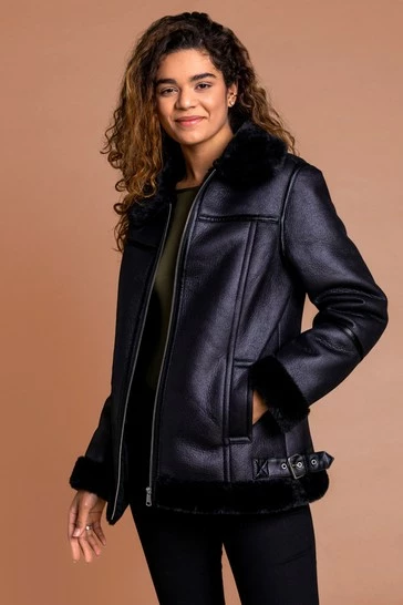 Roman Black Black Faux Fur Lined Aviator Jacket 7 Roman Black Black Faux Fur Lined Aviator Jacket - Image 5