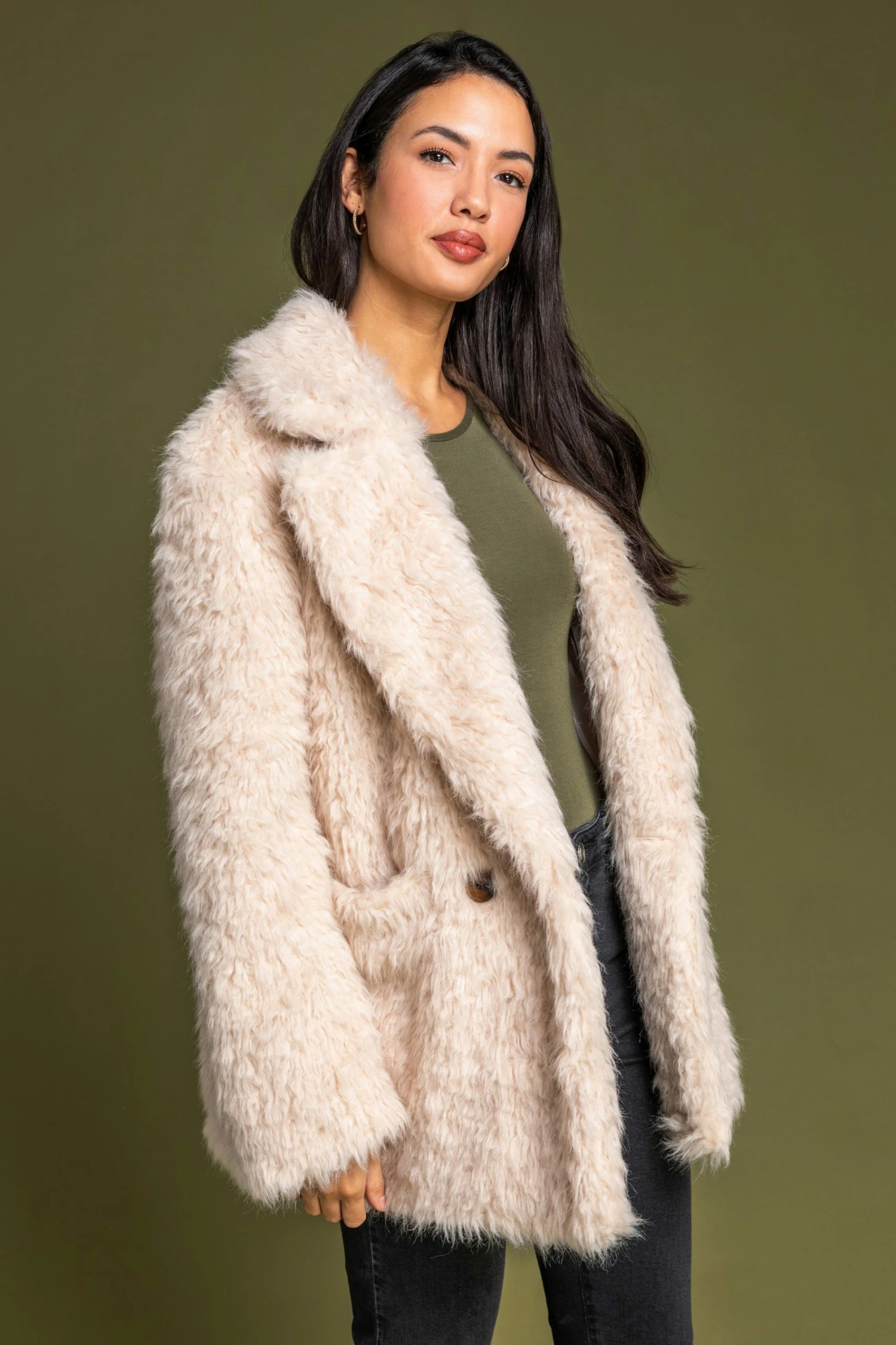 Roman Cream Faux Fur Textured Collar Coat 4 Roman Cream Faux Fur Textured Collar Coat - Image 2