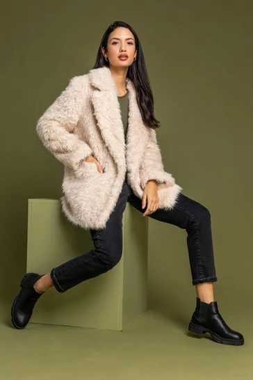 Roman Cream Faux Fur Textured Collar Coat 7 Roman Cream Faux Fur Textured Collar Coat - Image 5