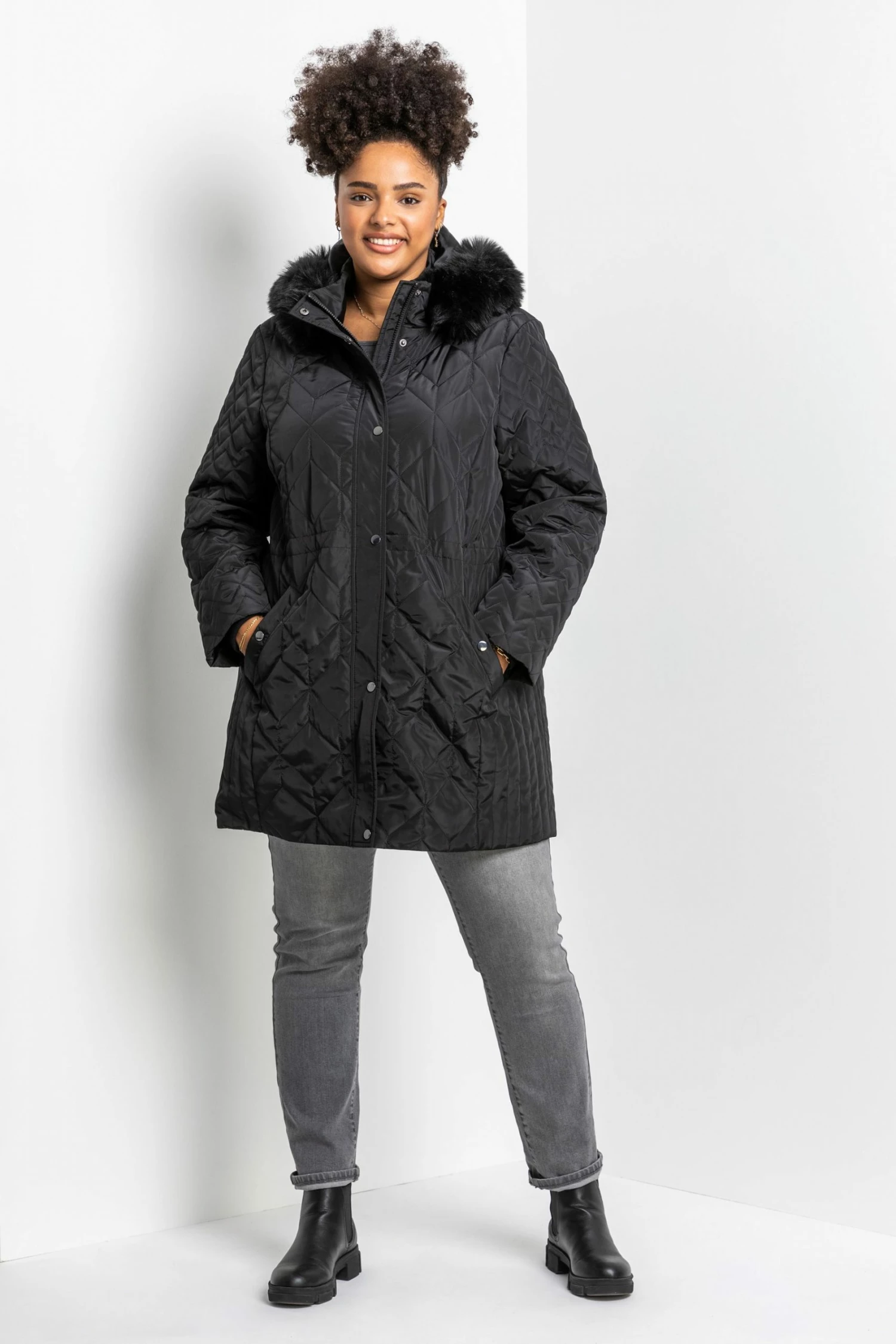 Roman Black Curve Faux Fur Trim Hooded Parka Coat 5 Roman Black Curve Faux Fur Trim Hooded Parka Coat - Image 3