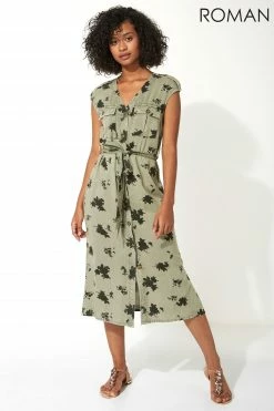 Roman Khaki Floral Print Utility Midi Dress