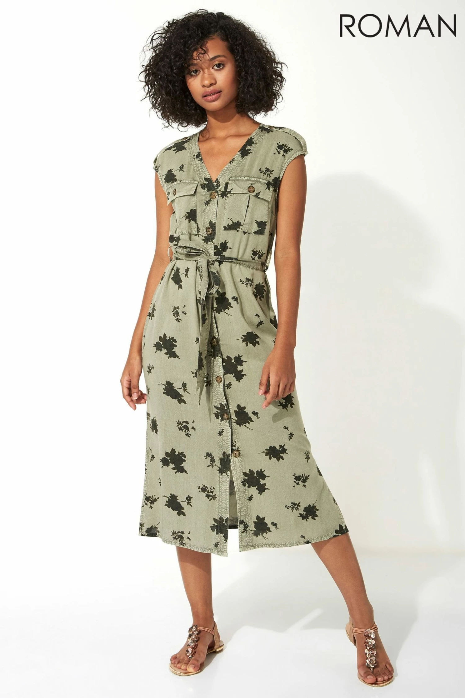 Roman Khaki Floral Print Utility Midi Dress 3 Roman Khaki Floral Print Utility Midi Dress