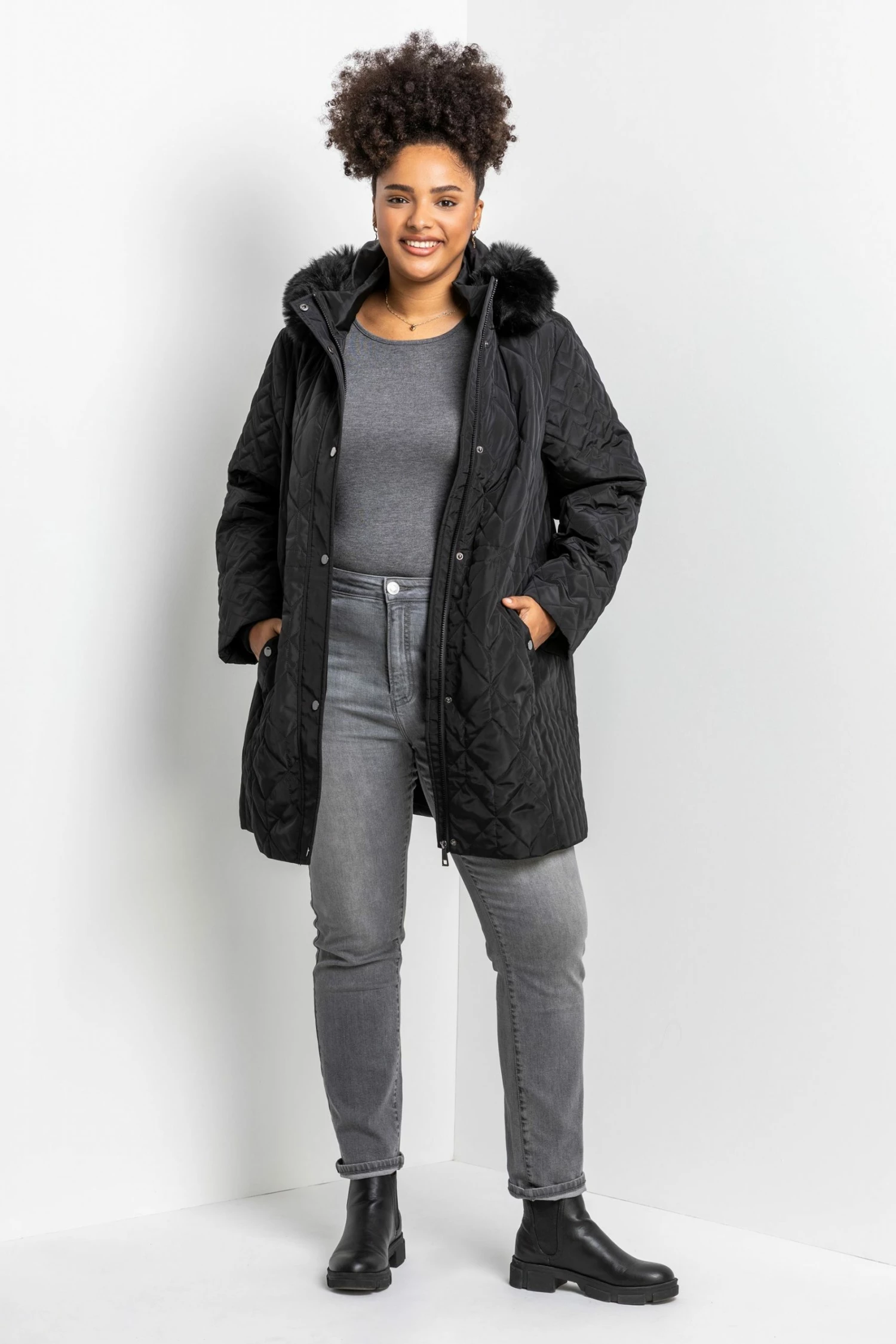 Roman Black Curve Faux Fur Trim Hooded Parka Coat 7 Roman Black Curve Faux Fur Trim Hooded Parka Coat - Image 5