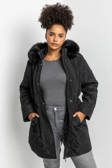 Roman Black Curve Faux Fur Trim Hooded Parka Coat 8 Roman Black Curve Faux Fur Trim Hooded Parka Coat - Image 6
