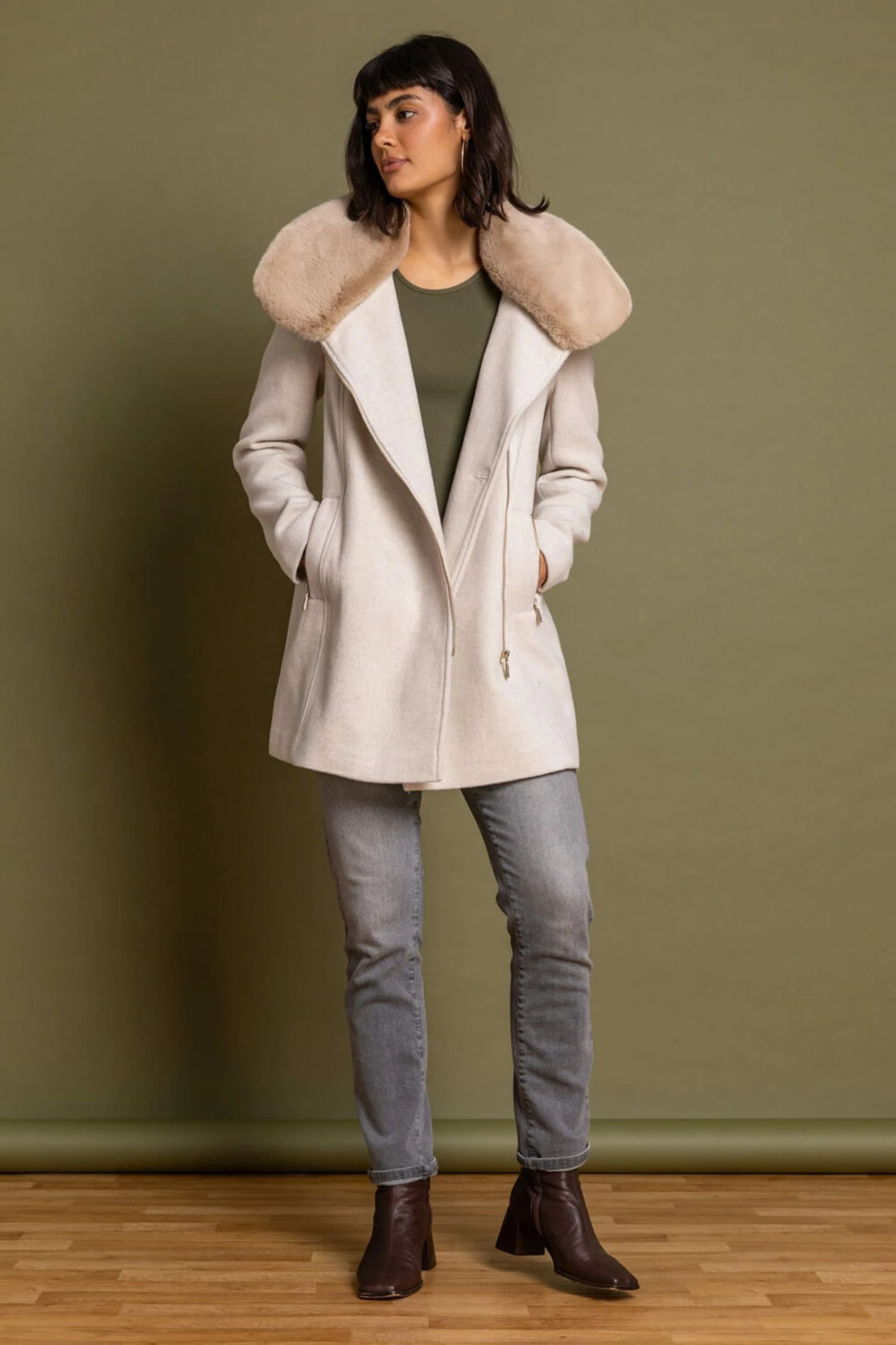 Roman White Formal Faux Fur Collar Coat 5 Roman White Formal Faux Fur Collar Coat - Image 3