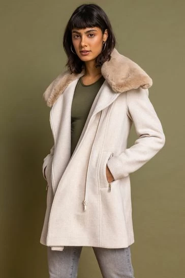 Roman White Formal Faux Fur Collar Coat 7 Roman White Formal Faux Fur Collar Coat - Image 5