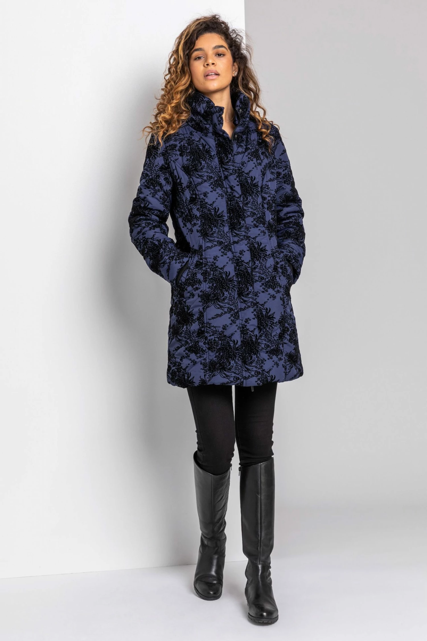 Roman Blue Longline Flocked Padded Coat 3 Roman Blue Longline Flocked Padded Coat