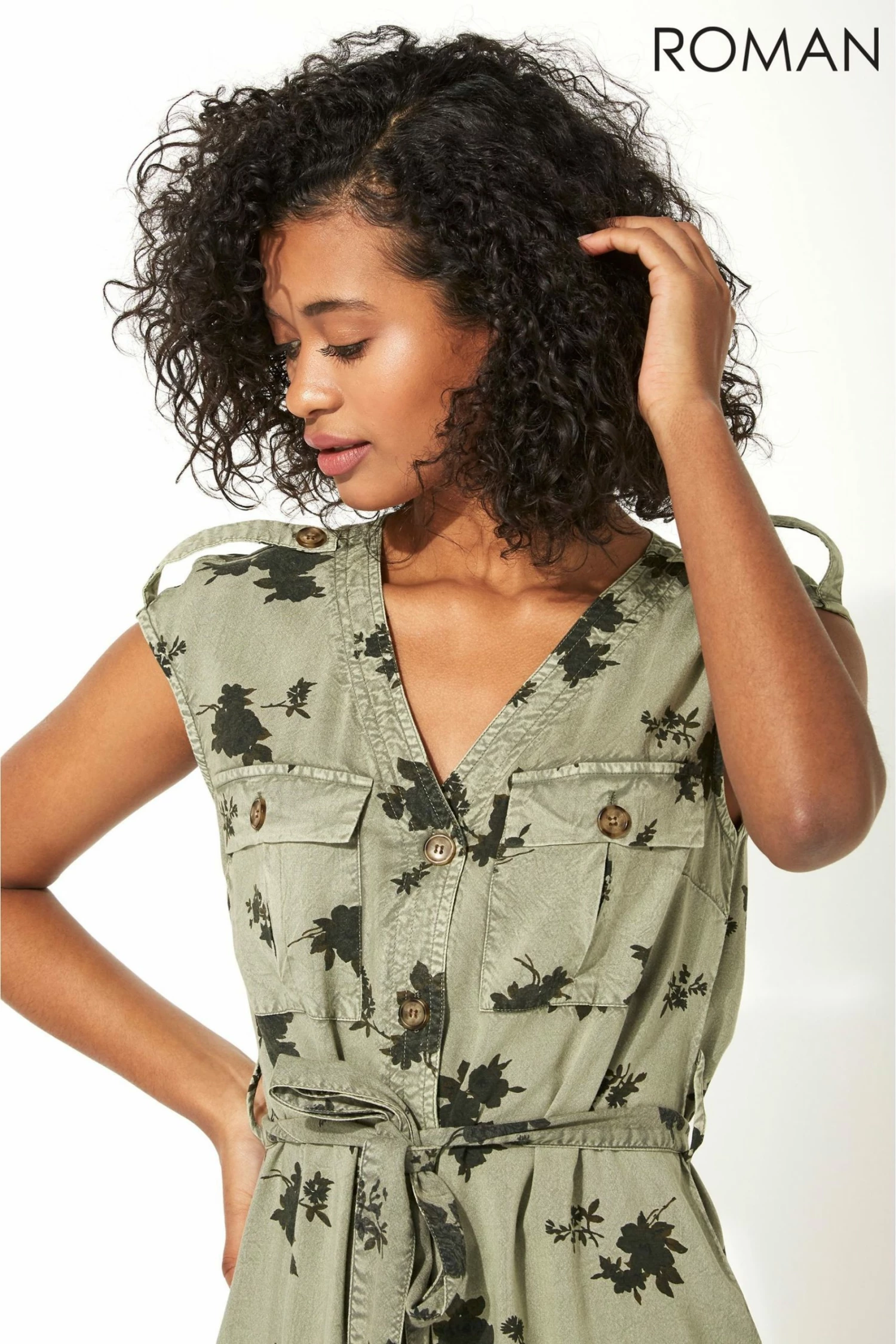 Roman Khaki Floral Print Utility Midi Dress 5 Roman Khaki Floral Print Utility Midi Dress - Image 3