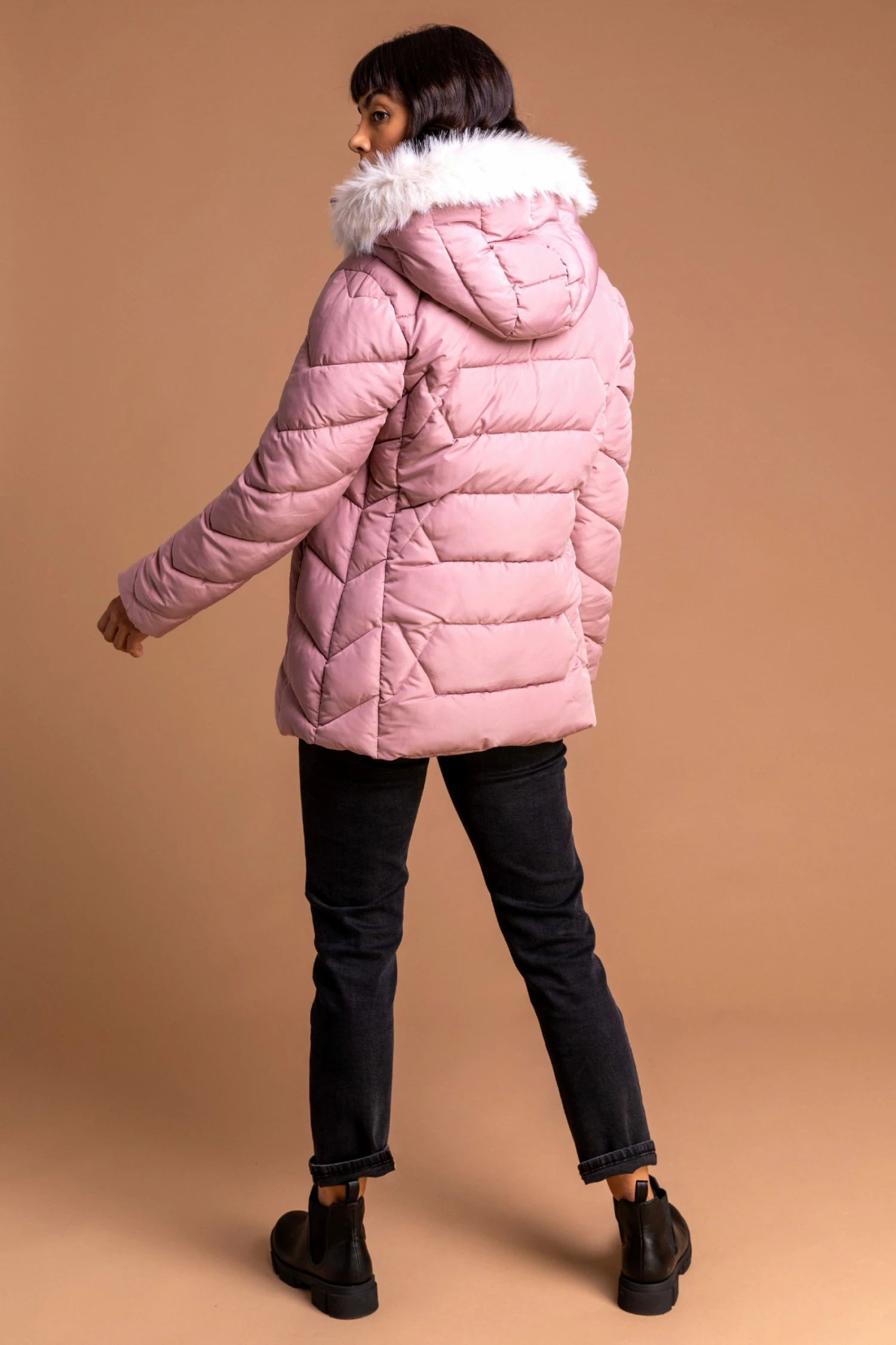 Roman Pink Faux Fur Trim Hooded Coat 4 Roman Pink Faux Fur Trim Hooded Coat - Image 2