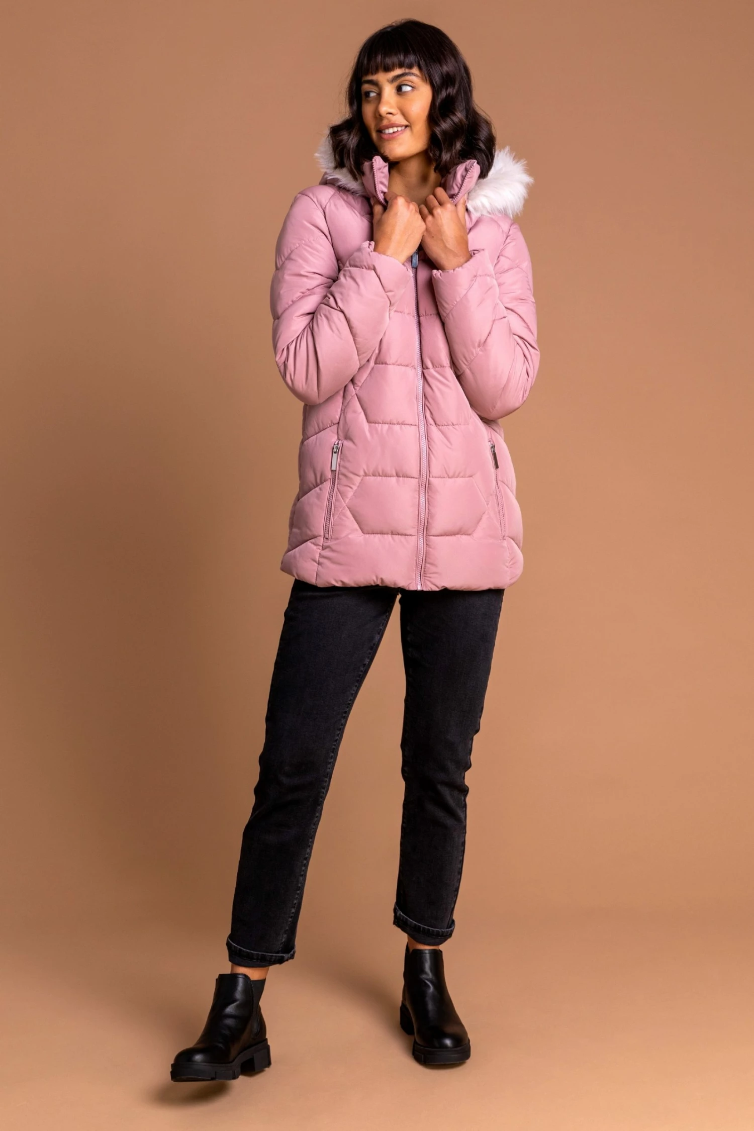 Roman Pink Faux Fur Trim Hooded Coat 5 Roman Pink Faux Fur Trim Hooded Coat - Image 3