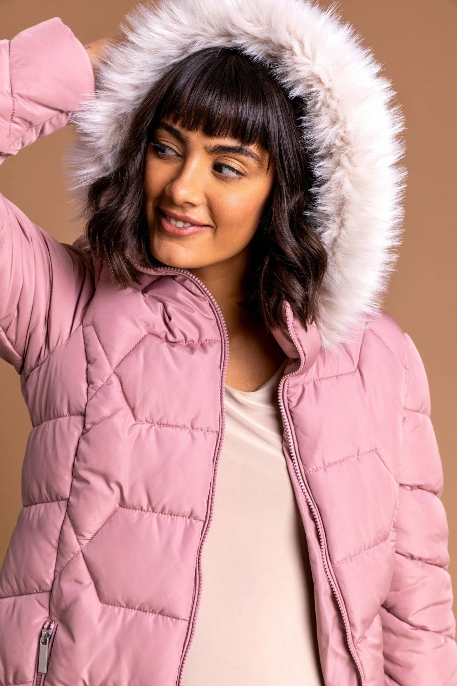 Roman Pink Faux Fur Trim Hooded Coat 6 Roman Pink Faux Fur Trim Hooded Coat - Image 4