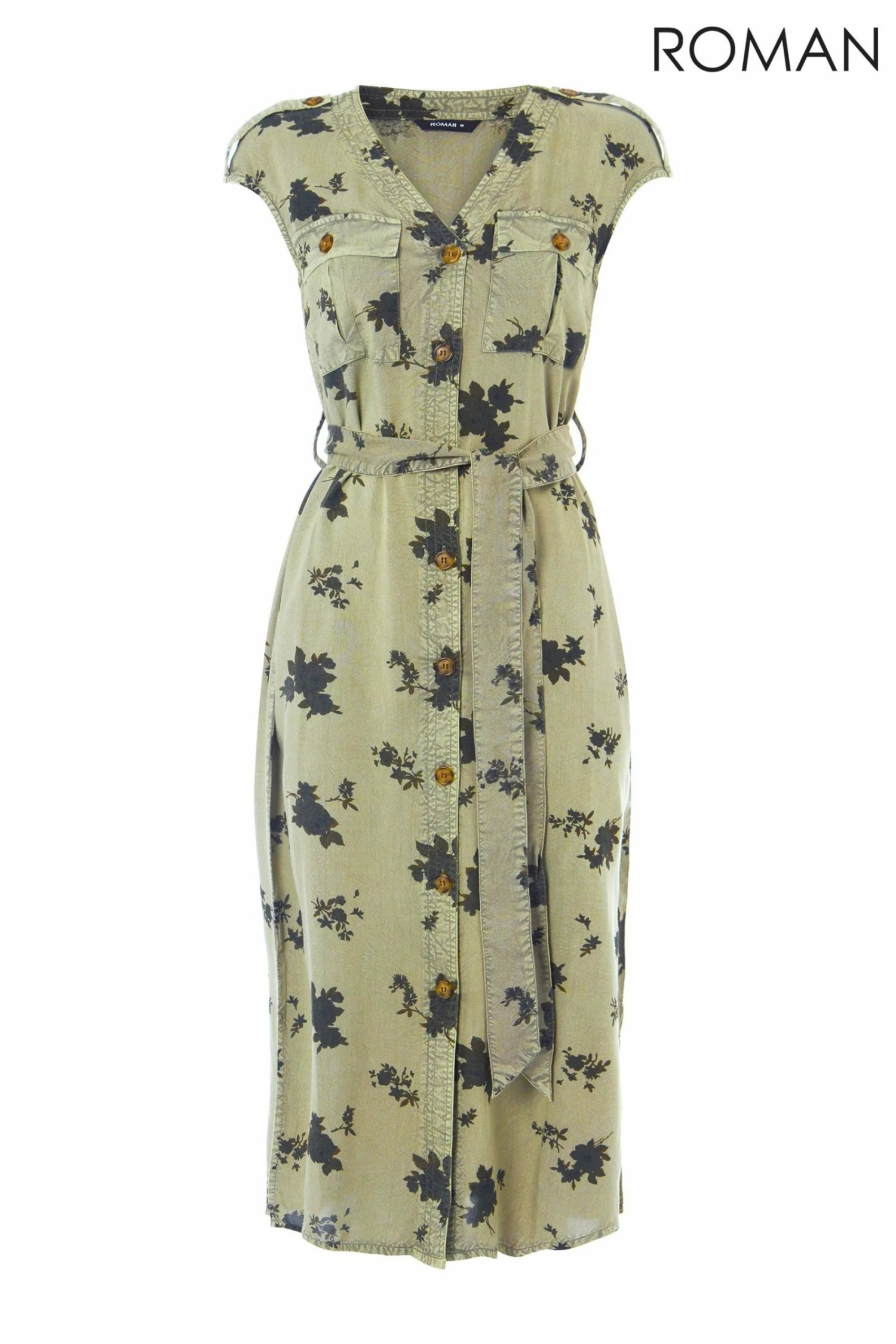 Roman Khaki Floral Print Utility Midi Dress 6 Roman Khaki Floral Print Utility Midi Dress - Image 4