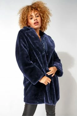 Roman Blue Faux Fur Collared Coat