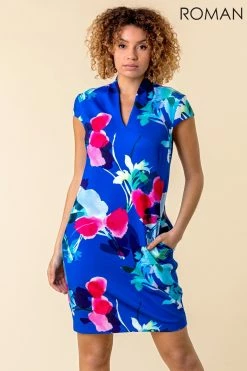 Roman Blue Floral Print Scuba Cocoon Dress