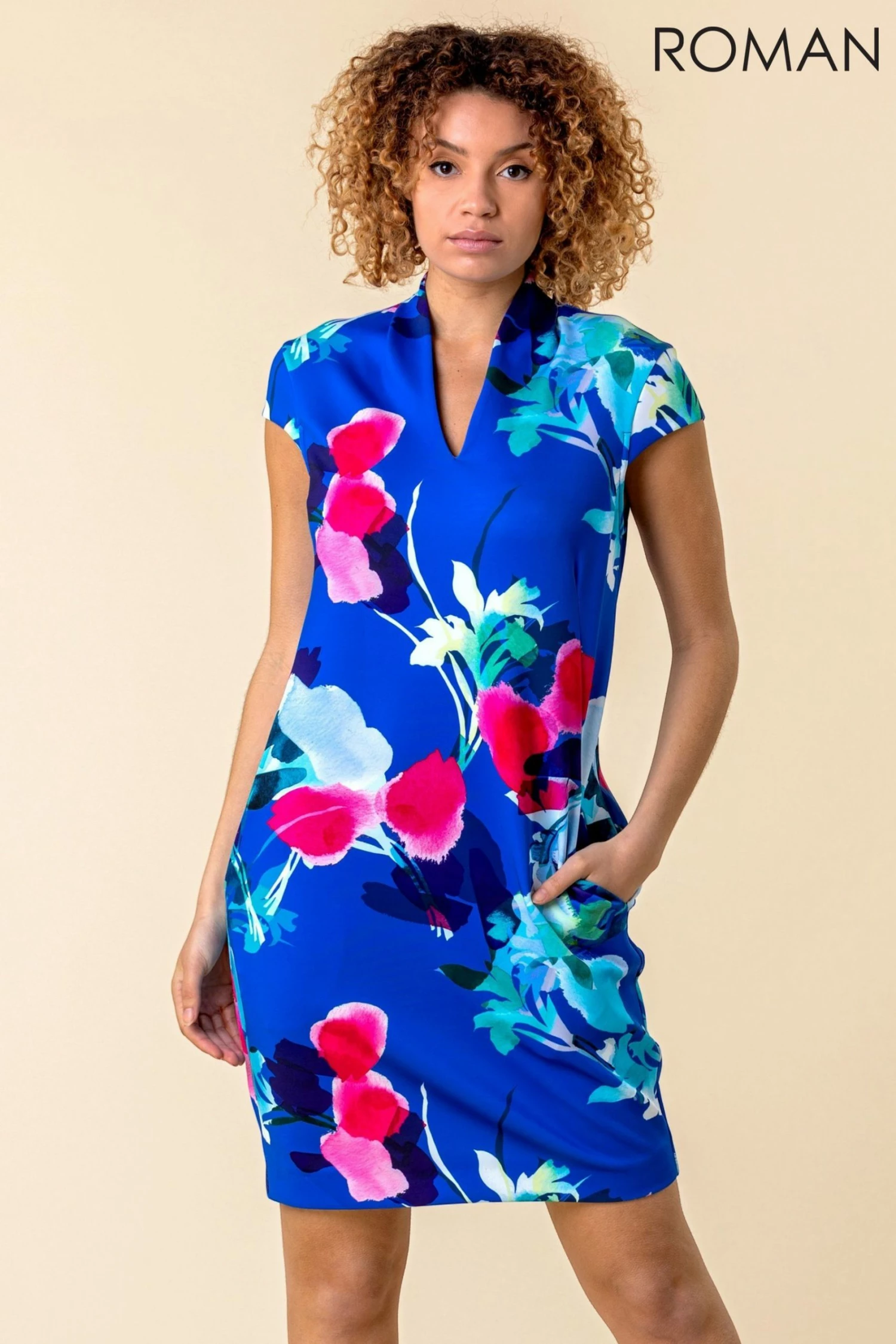 Roman Blue Floral Print Scuba Cocoon Dress 3 Roman Blue Floral Print Scuba Cocoon Dress