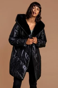 Roman Black Hooded Long Quilted Coat