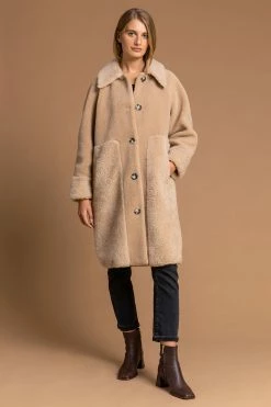 Roman Brown Longline Contrast Teddy Coat