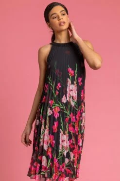 Roman Black High Neck Floral Pleated Swing Dress