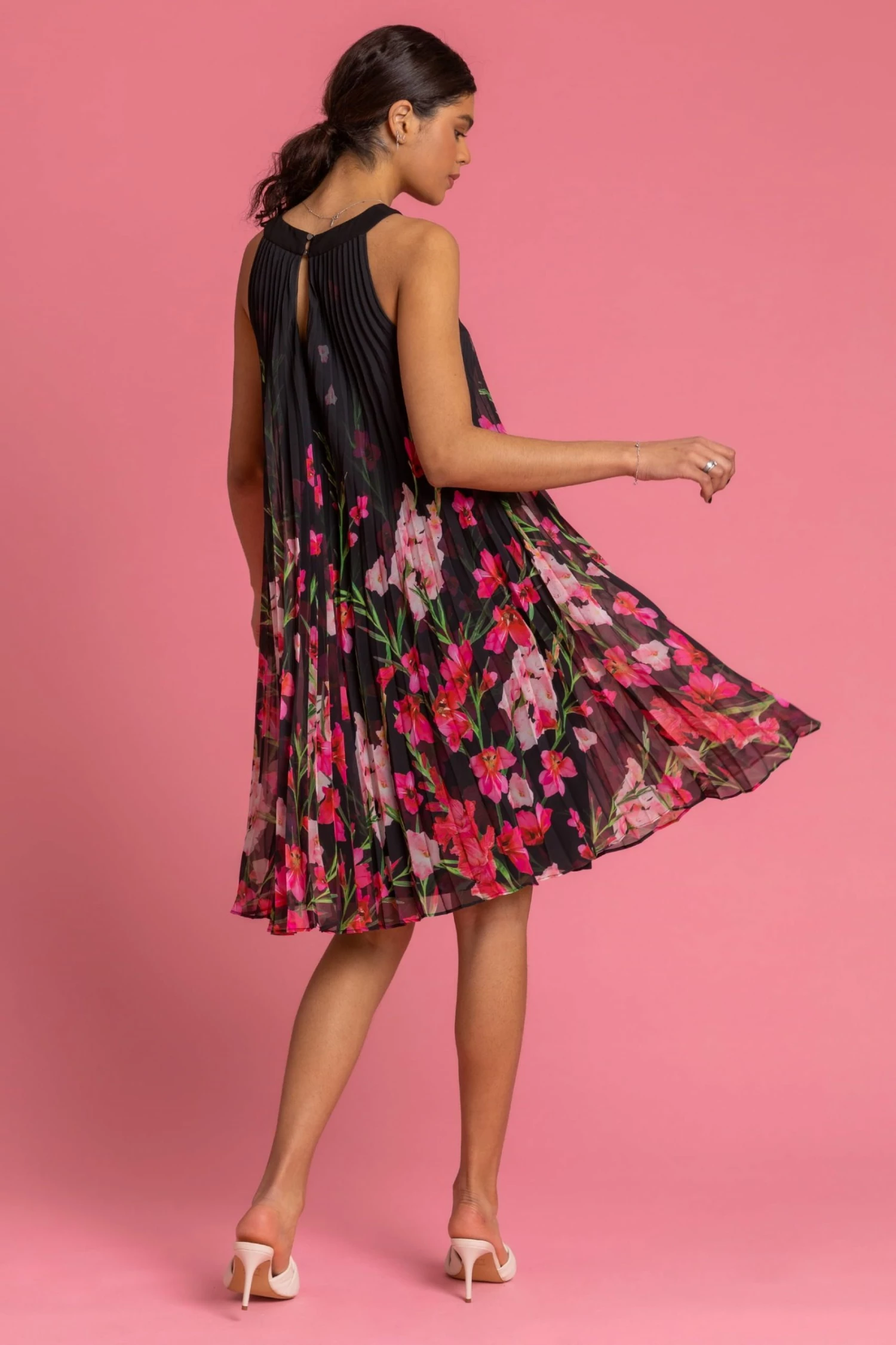 Roman Black High Neck Floral Pleated Swing Dress 4 Roman Black High Neck Floral Pleated Swing Dress - Image 2