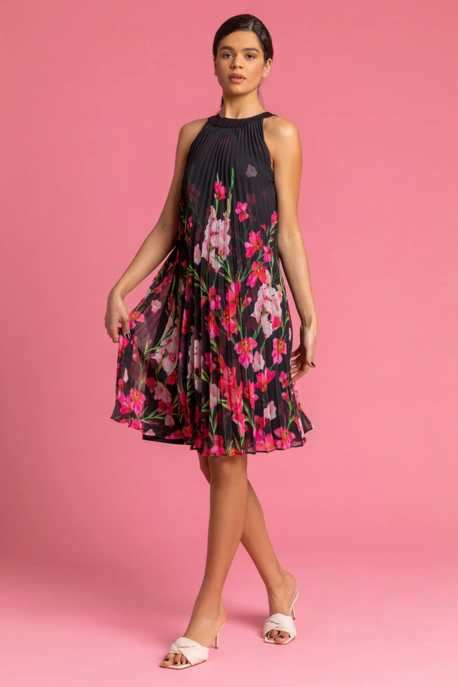 Roman Black High Neck Floral Pleated Swing Dress 5 Roman Black High Neck Floral Pleated Swing Dress - Image 3