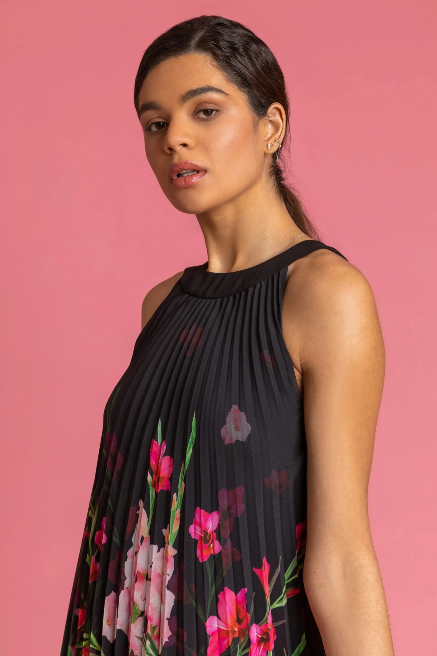 Roman Black High Neck Floral Pleated Swing Dress 6 Roman Black High Neck Floral Pleated Swing Dress - Image 4