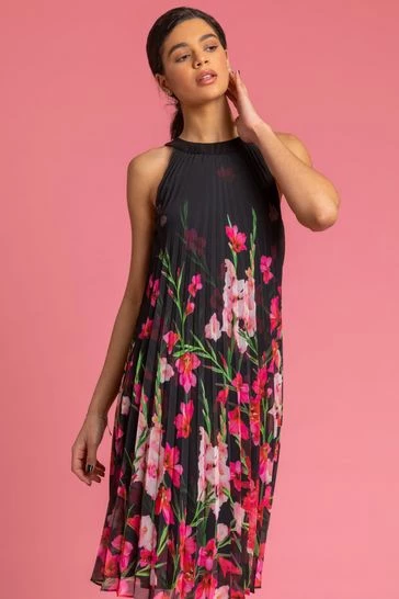 Roman Black High Neck Floral Pleated Swing Dress 7 Roman Black High Neck Floral Pleated Swing Dress - Image 5