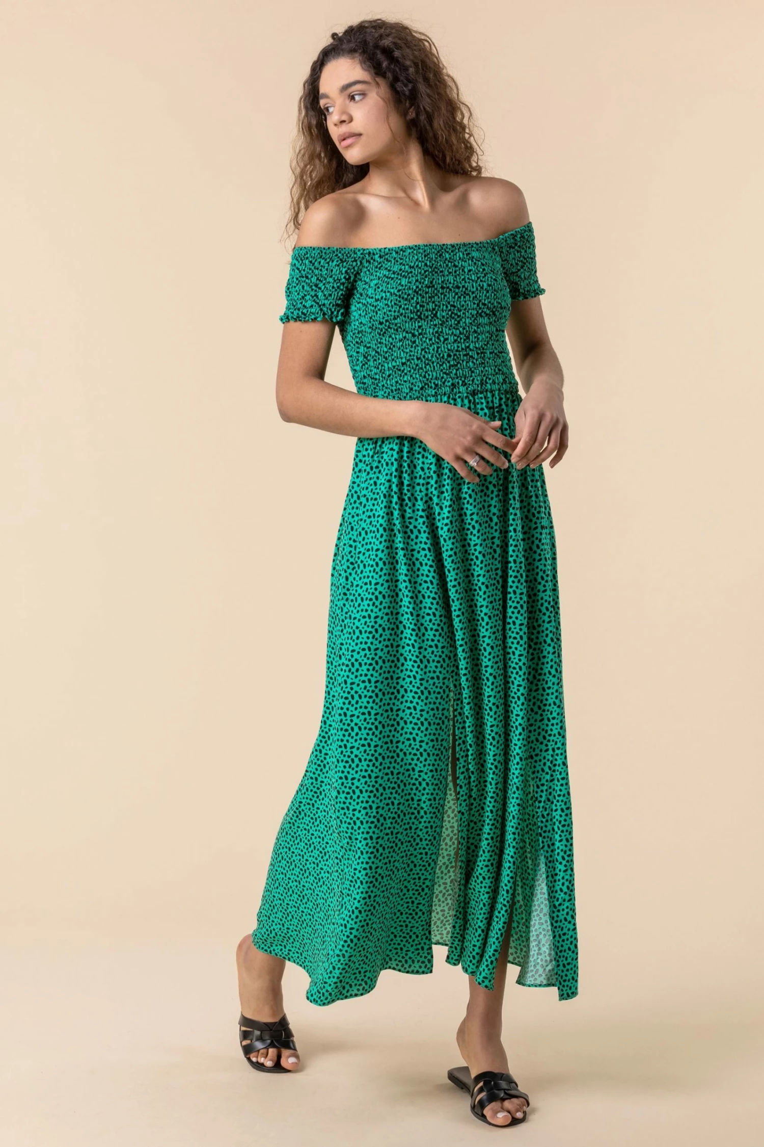 Roman Green Shirred Spot Print Bardot Dress 3 Roman Green Shirred Spot Print Bardot Dress