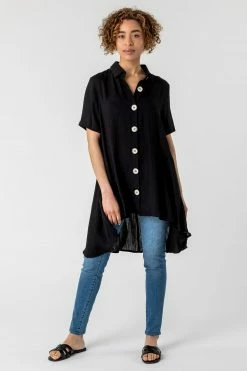 Roman Black Asymmetric Button Detail Shirt