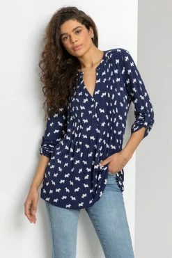 Roman Blue Dog Print Pintuck Jersey Shirt