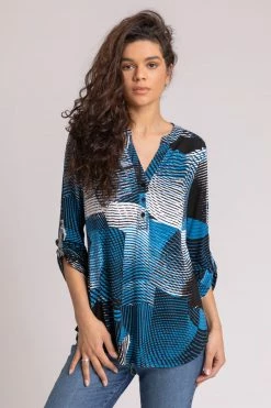 Roman Blue Geo Print Notch Neck Top