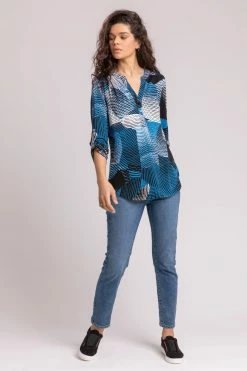 Roman Blue Geo Print Notch Neck Top -Roman Sales Shop unnamed file 11879