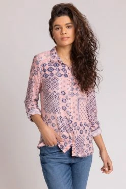 Roman Pink Mixed Geo Print Lace Detail Shirt