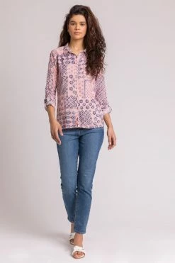 Roman Pink Mixed Geo Print Lace Detail Shirt -Roman Sales Shop unnamed file 11894