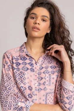 Roman Pink Mixed Geo Print Lace Detail Shirt -Roman Sales Shop unnamed file 11895