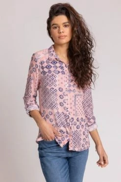 Roman Pink Mixed Geo Print Lace Detail Shirt -Roman Sales Shop unnamed file 11896