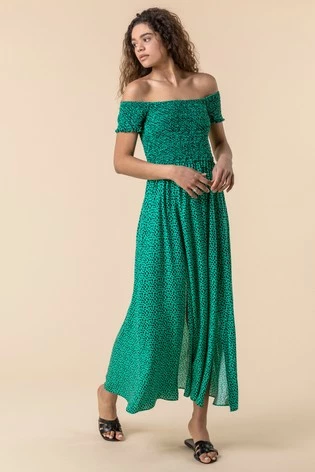 Roman Green Shirred Spot Print Bardot Dress 7 Roman Green Shirred Spot Print Bardot Dress - Image 5