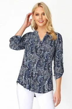 Roman Blue Paisley Print 3/4 Sleeve Shirt
