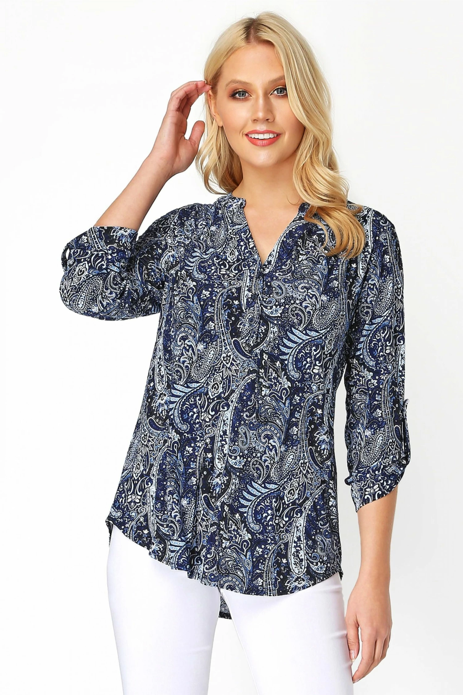 Roman Blue Paisley Print 3/4 Sleeve Shirt 3 Roman Blue Paisley Print 3/4 Sleeve Shirt