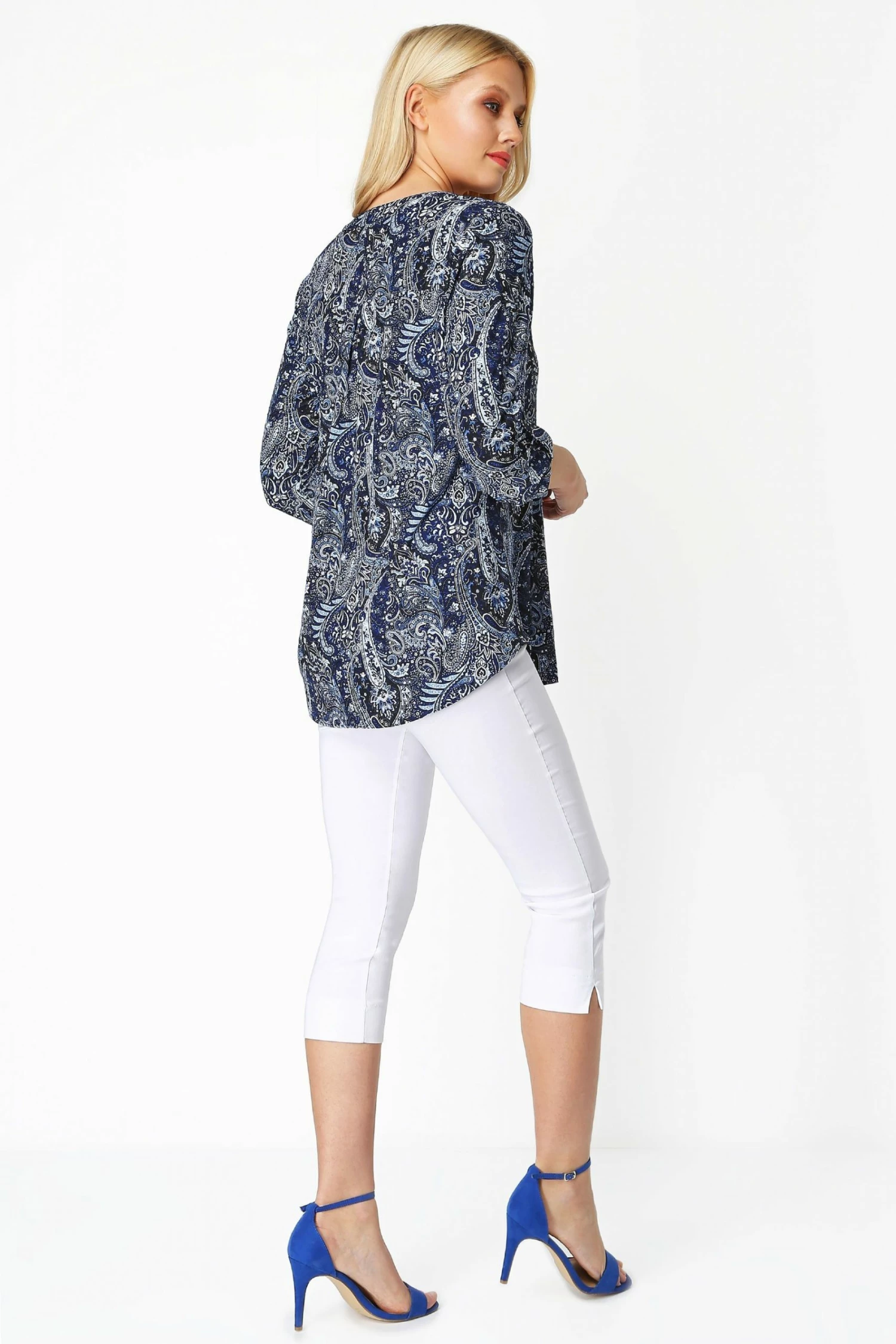 Roman Blue Paisley Print 3/4 Sleeve Shirt 4 Roman Blue Paisley Print 3/4 Sleeve Shirt - Image 2