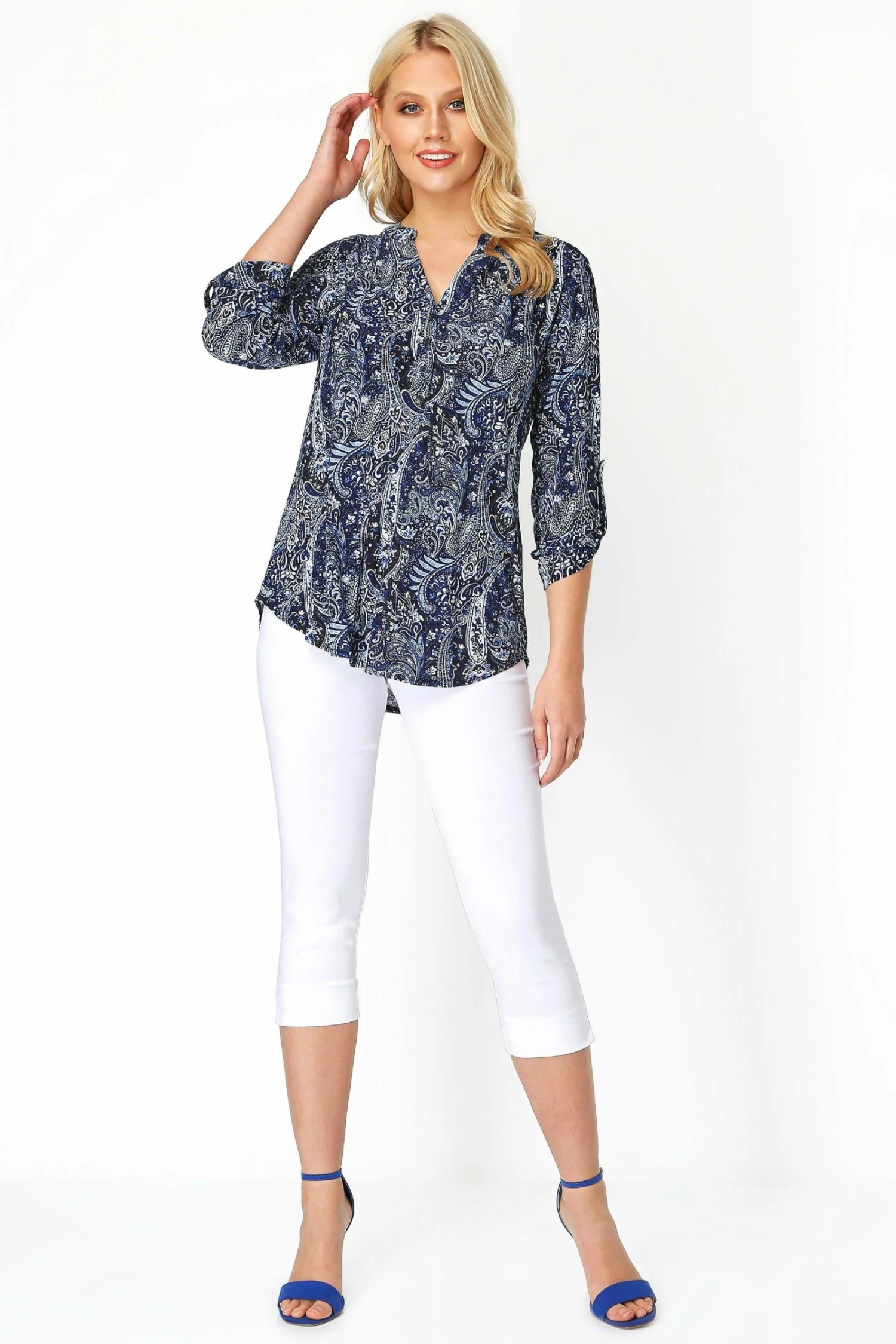 Roman Blue Paisley Print 3/4 Sleeve Shirt 5 Roman Blue Paisley Print 3/4 Sleeve Shirt - Image 3