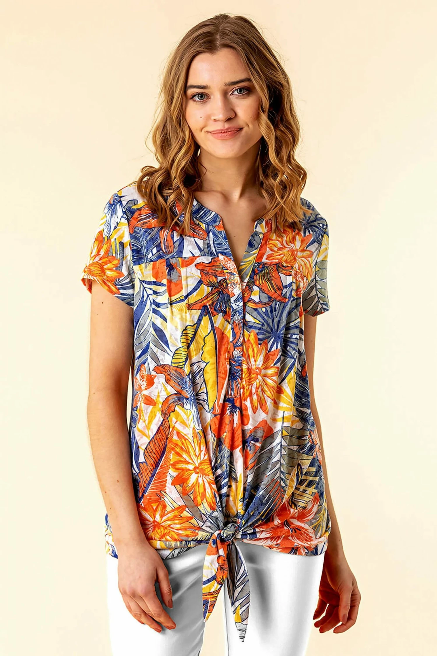 Roman Orange Burnout Tropical Print Tie Front Top 3 Roman Orange Burnout Tropical Print Tie Front Top