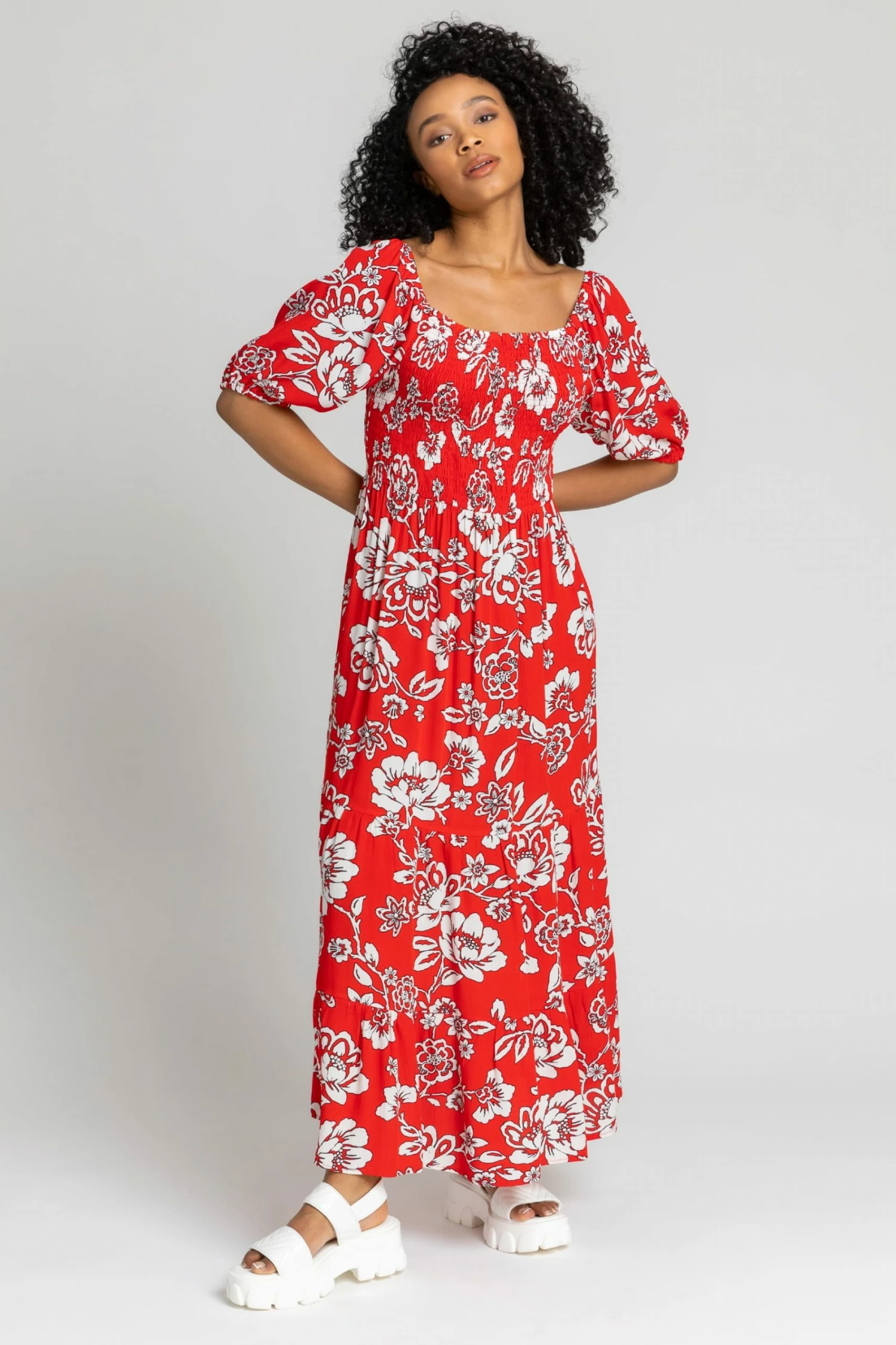 Roman Red Petite Floral Print Shirred Bodice Maxi Dress 5 Roman Red Petite Floral Print Shirred Bodice Maxi Dress - Image 3