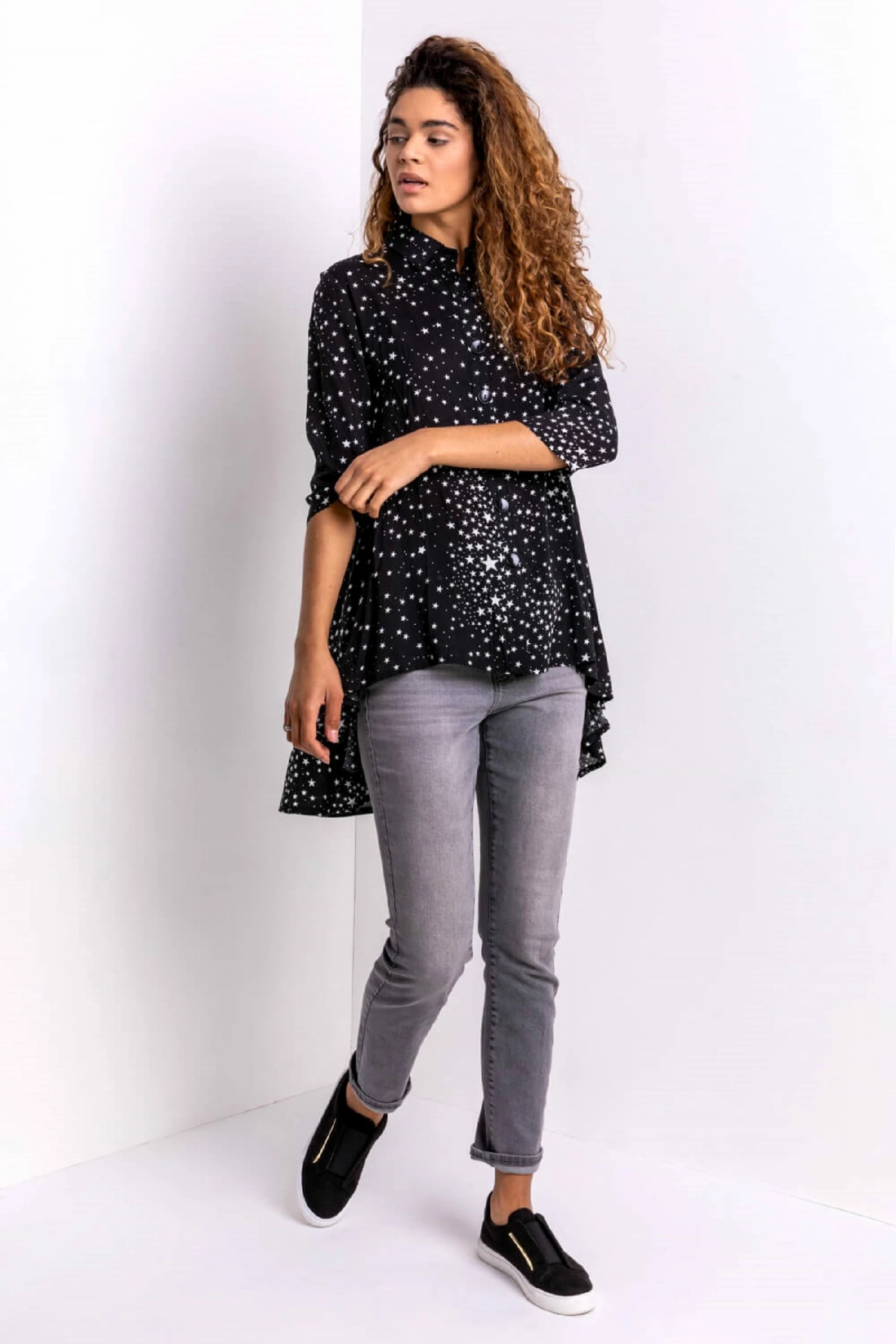 Roman Black Star Print Dipped Hem Shirt 5 Roman Black Star Print Dipped Hem Shirt - Image 3