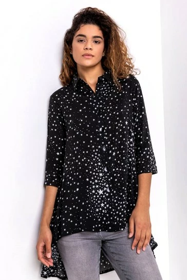 Roman Black Star Print Dipped Hem Shirt 7 Roman Black Star Print Dipped Hem Shirt - Image 5
