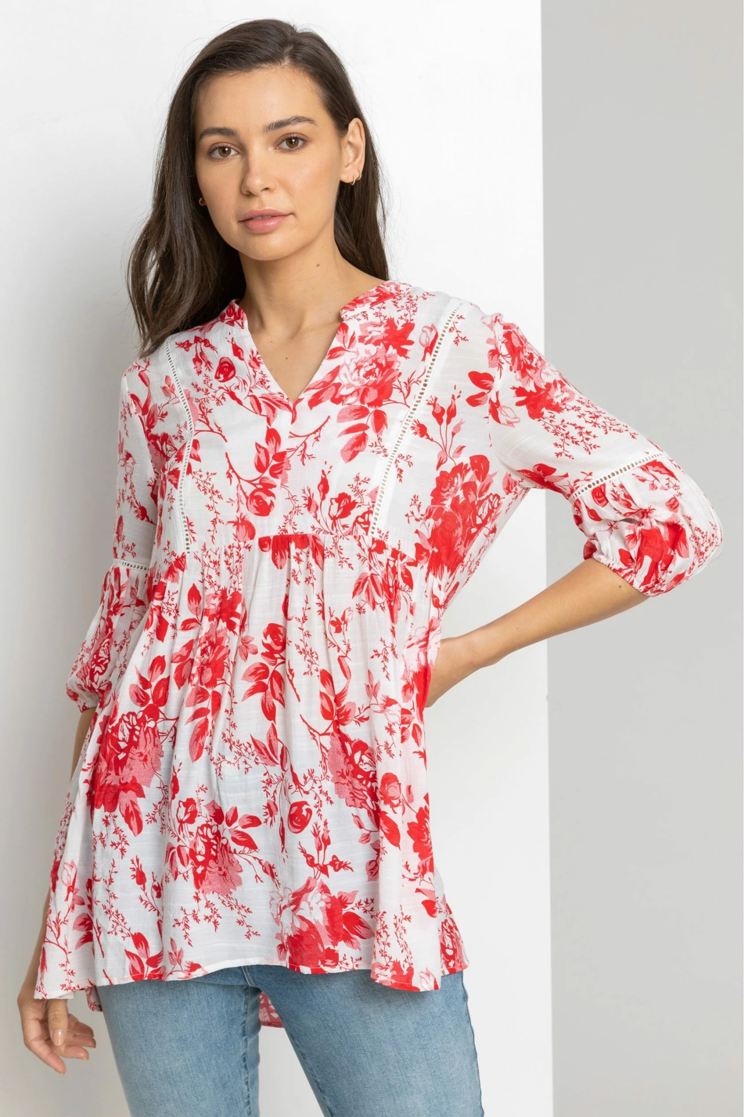 Roman Red Floral Print Notch Neck Top 3 Roman Red Floral Print Notch Neck Top