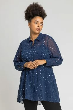 Roman Blue Curve Longline Foil Spot Shirt